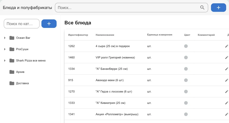 Справочник блюд: категории слева, таблица справа