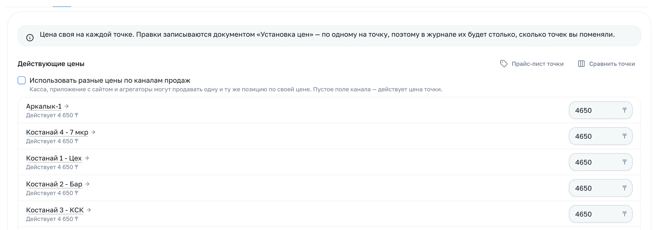 Вкладка «Цены»: действующие цены по точкам и переключатель цен по каналам