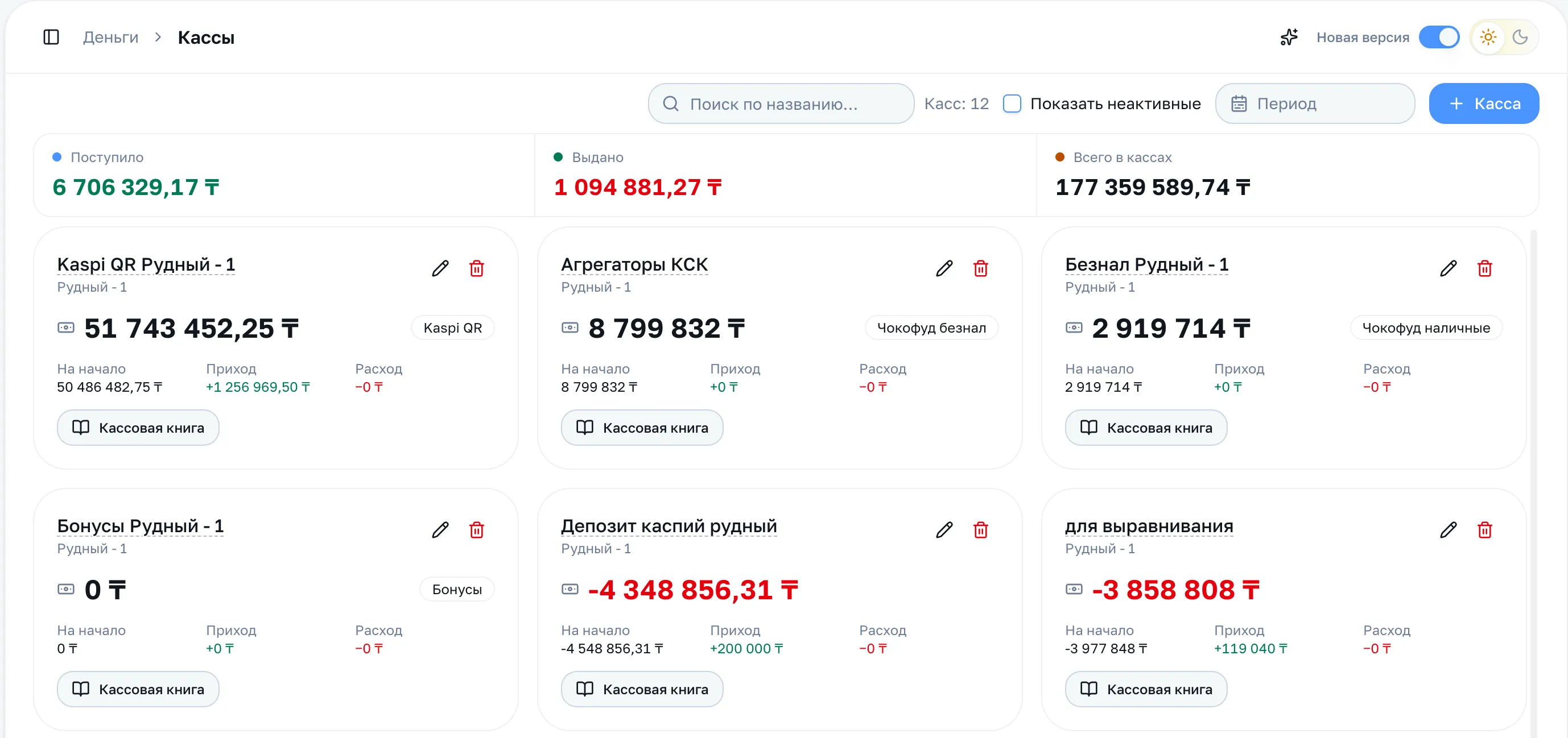 Экран «Кассы»: сводка за период и карточки касс с остатком, приходом и расходом
