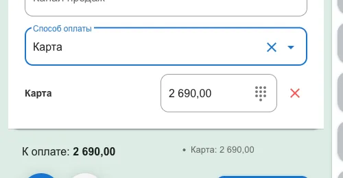 Строка оплаты: название способа, сумма и красный крестик