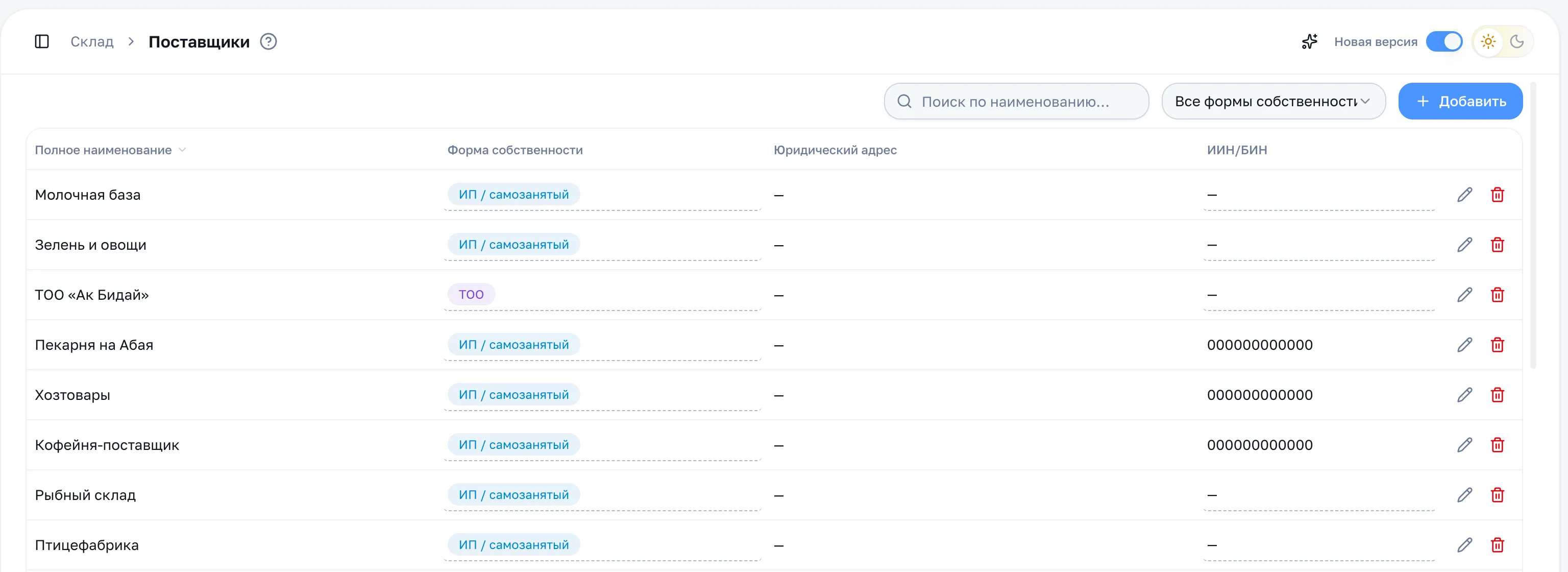Список поставщиков: наименование, форма собственности, юридический адрес, ИИН/БИН
