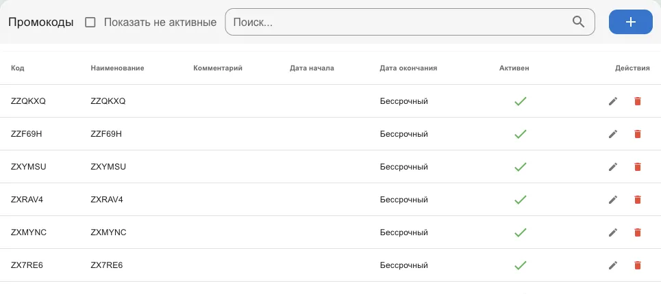 Список промокодов