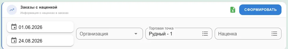 Панель отчёта: период, организация, торговая точка, наценка