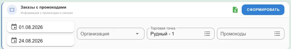 Панель отчёта: период, организация, торговая точка, промокоды